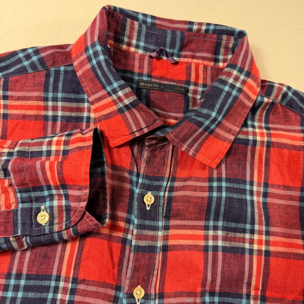 Mason's Plaid Linen Shirt‎ Mens XL Red Blue Made in Italy Casual EUC